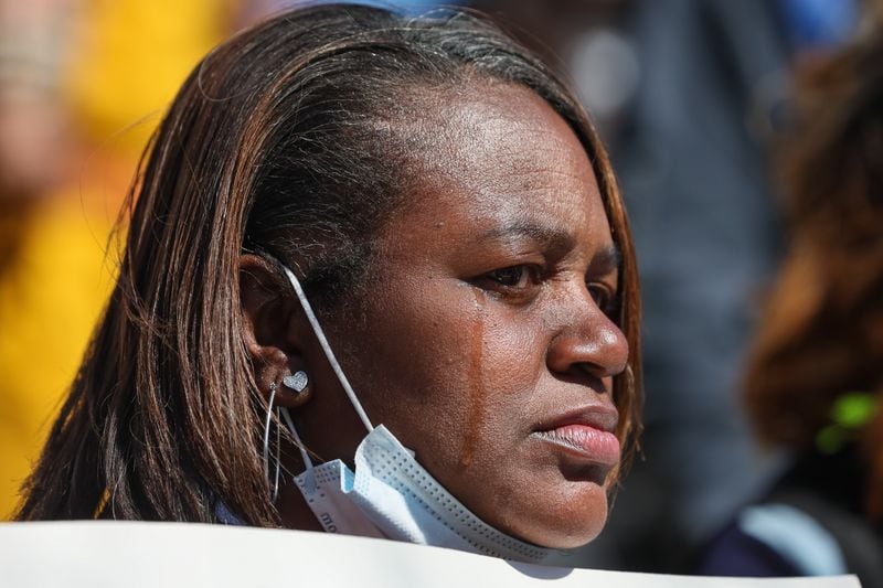 Karen Crawford, an Amazon employee, participates in a press conference and demonstration at Amazon’s East Point (ATL6) warehouse where workers and allies announced the filing of multiple unfair labor practice charges at their facility in on Wednesday, October 19, 2022. (Arvin Temkar / arvin.temkar@ajc.com)