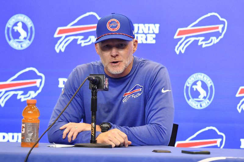 Buffalo Bills head coach Sean McDermott answers questions after an NFL football game against the Jacksonville Jaguars, Monday, Sept. 23, 2024, in Orchard Park, NY. (AP Photo/Adrian Kraus)