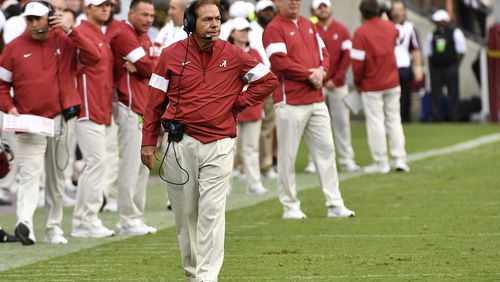 Nick Saban of the Alabama Crimson Tide looks on during the game against Texas A&M Aggies at Kyle Field on Oct. 12, 2019 in College Station, Texas.