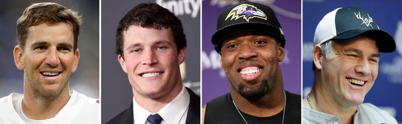 This combo of file photos shows, from left, two-time Super Bowl MVP Eli Manning, former Defensive Players of the Year Luke Kuechly and Terrell Suggs, and postseason kicking hero Adam Vinatieri, who are among the first-time nominees for the 2025 Pro Football Hall of Fame. (AP Photo/File)