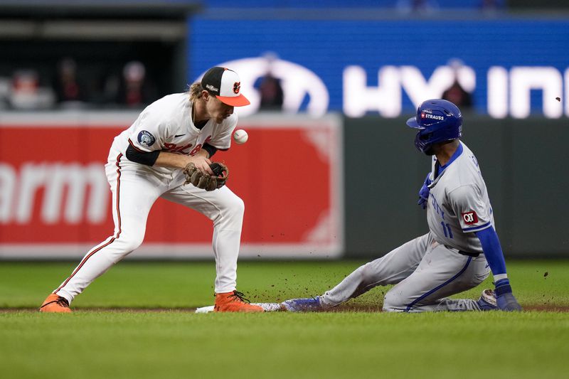 Baltimore Orioles shortstop Gunnar Henderson, left, bobbles the ball, allowing Kansas City Royals' Maikel Garcia (11) to steal second base during the sixth inning of Game 1 of an AL Wild Card Series baseball game, Tuesday, Oct. 1, 2024, in Baltimore. (AP Photo/Stephanie Scarbrough)