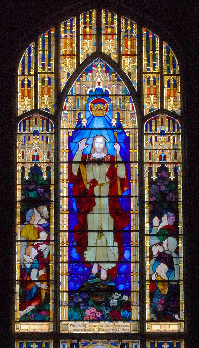 The "Christ's Return" window at First Presbyterian Church of Atlanta is not part of the ten-window history series, but is considered a prophesy image.