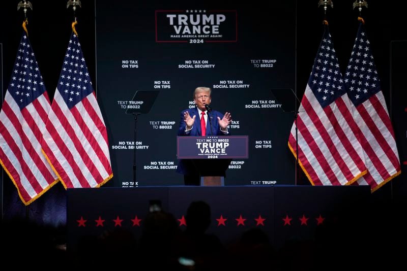 Republican presidential nominee former President Donald Trump speaks at a campaign rally in Asheville, N.C., Wednesday, Aug. 14, 2024. (AP Photo/Matt Rourke)