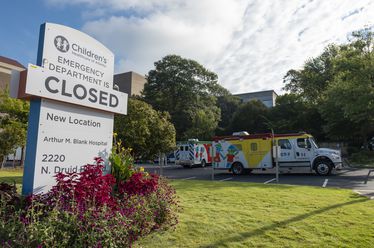 Ambulances transport patients from the closing Egleston Children’s Hospital to the new Arthur M. Blank Hospital on Sunday, Sept. 29, 2024.   Ben Gray for the Atlanta Journal-Constitution