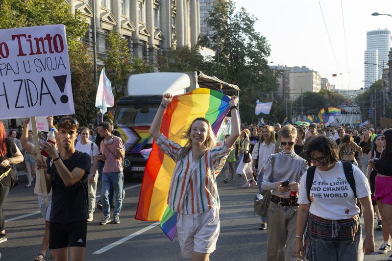 People attend a pride march in Belgrade, Serbia, Saturday, Sept. 7, 2024 as they demand that the government improve rights for the LGBTQ+ community who often face harassment and discrimination in the highly conservative Balkan country. (AP Photo/Marko Drobnjakovic)