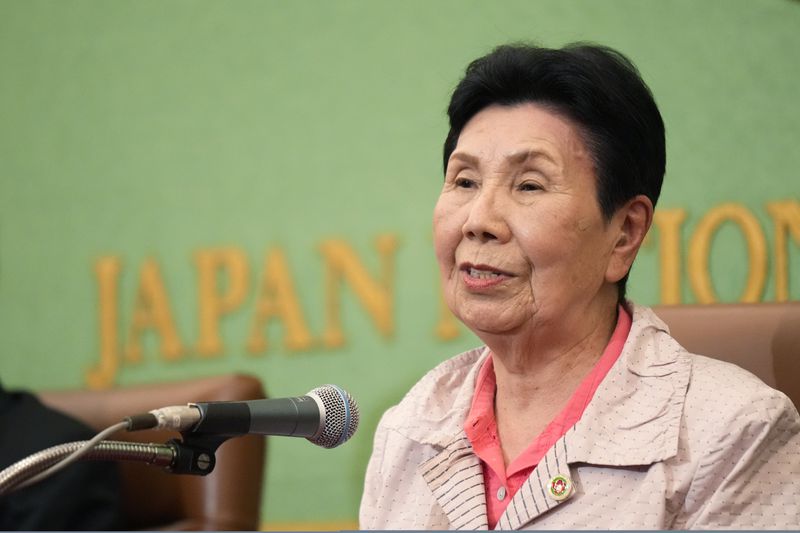 Hideko Hakamada, a sister of Iwao Hakamada, who was recently acquitted by a district court after a retrial for a 1966 quadruple murder, speaks during a news conference in Tokyo, Monday, Sept. 30, 2024. (AP Photo/Hiro Komae)