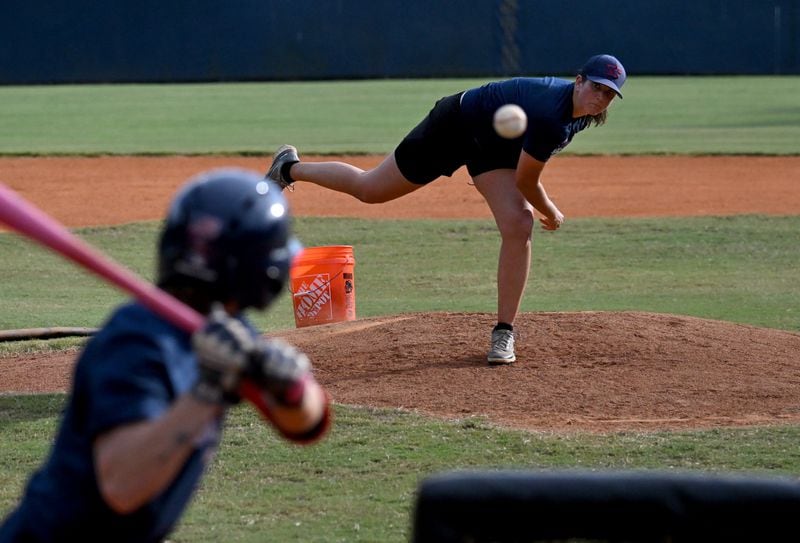 U.S. Women's closing pitcher Meggie Meidlinger throws against third baseman Ashton Lansdell at Wheeler High School’s baseball field on Wednesday, June19, 2024 in Marietta. (Hyosub Shin / AJC)