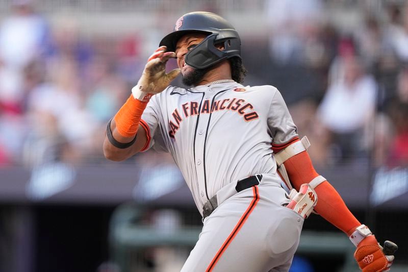San Francisco Giants' Luis Matos (29) reacts to an injury in the second inning of a baseball game against the Atlanta Braves, Wednesday, July 3, 2024, in Atlanta. (AP Photo/Brynn Anderson)