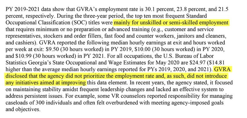 This audit by the U.S. Rehabilitation Services Administration found that the GVRA did not prioritize improving the employment rate for its participants, and that employment found was for unskilled or semiskilled positions.