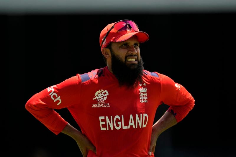 England's Adil Rashid reacts during the ICC Men's T20 World Cup cricket match between the United States and England at Kensington Oval in Bridgetown, Barbados, Sunday, June 23, 2024. (AP Photo/Ricardo Mazalan)
