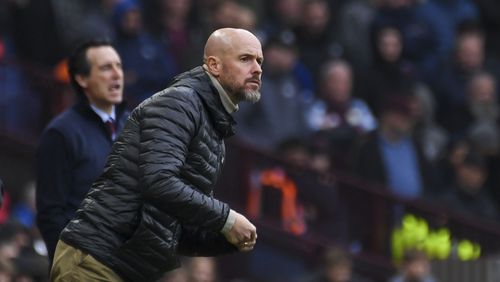 Manchester United's head coach Erik ten Hag, front, and Aston Villa's head coach Unai Emery react during the English Premier League soccer match between Aston Villa and Manchester United, at Villa Park in Birmingham, England, Sunday, Oct. 6, 2024. (AP Photo/Rui Vieira)