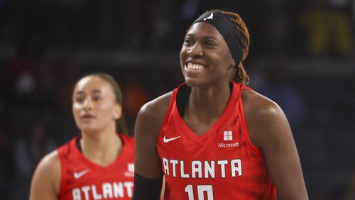 Atlanta Dream guard Rhyne Howard (10) reacts after a shot attempt during the first half against the Dallas Wings at Gateway Center Arena, Tuesday, May 21, 2024, in Atlanta. This is the Atlanta Dream’s home opener. (Jason Getz / AJC)
