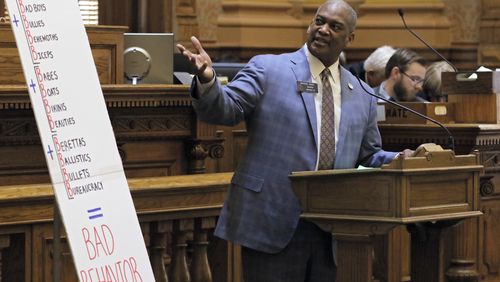 FILE - Georgia Sen. Emanuel Jones, D-Decatur, speaks in opposition to a bill loosening gun laws, March 28, 2017, at the state Capitol in Atlanta. (Bob Andres/Atlanta Journal-Constitution via AP, File)