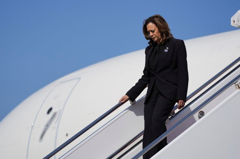 Democratic presidential nominee Vice President Kamala Harris arrives on Air Force Two at Joint Base Andrews, Md., Wednesday, Sept. 11, 2024. Harris is traveling to the Pentagon in Washington to participate in a ceremony marking the anniversary of the Sept. 11 terror attacks. (AP Photo/Stephanie Scarbrough)