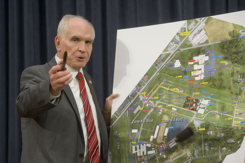 Chairman Rep. Mike Kelly, R-Pa., speaks in front of a site map at the first public hearing of a bipartisan congressional task force investigating the assassination attempts against Donald Trump, at Capitol Hill in Washington, Thursday, Sept. 26, 2024. (AP Photo/Ben Curtis)