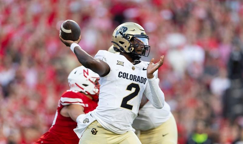 Colorado quarterback Shedeur Sanders (2) passes the ball against Nebraska during the first half of an NCAA college football game Saturday, Sept. 7, 2024, in Lincoln, Neb. (AP Photo/Rebecca S. Gratz)