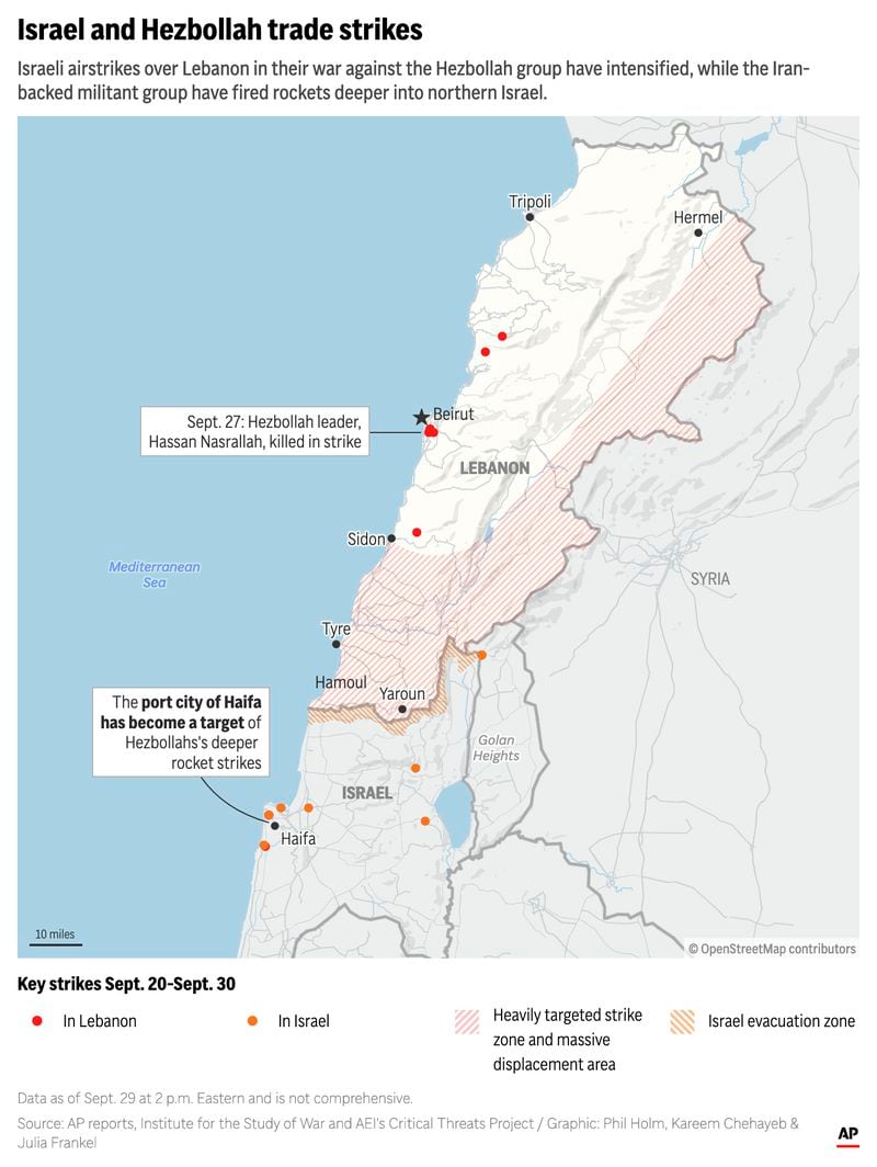 The map above shows Israeli airstrikes over Lebanon as their war against Hezbollah has intensified, while the Iran-backed militant group has fired rockets deeper into northern Israel. (AP Digital Embed)