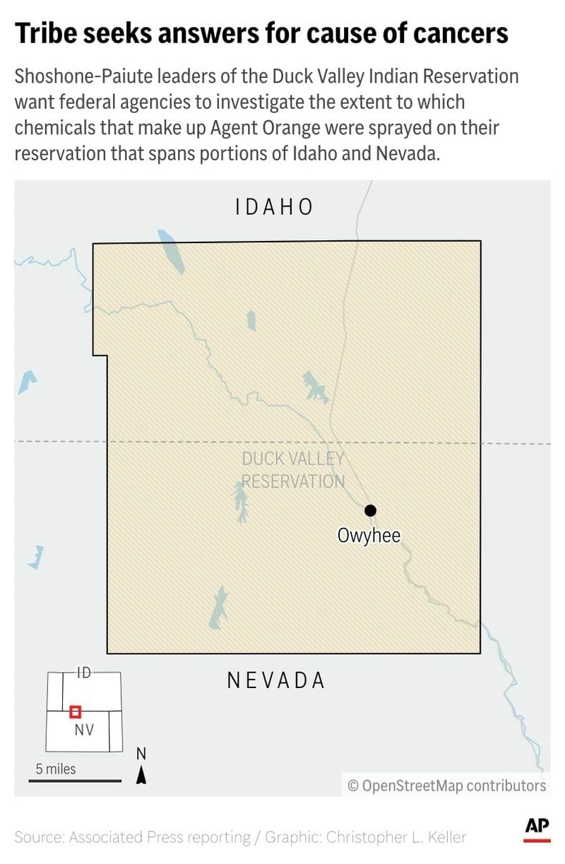 Shoshone-Paiute leaders of the Duck Valley Indian Reservation want federal agencies to investigate the extent to which chemicals that make up Agent Orange were sprayed on their reservation that spans portions of Idaho and Nevada. (AP Digital Embed)