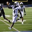 Norcross wide receiver Jahsaun Clarke (4) runs for the winning touchdown during the Norcross at Peachtree Ridge GHSA region football game on Friday, Sept. 20, 2024, in Suwanee, GA. (Jim Blackburn for the AJC)