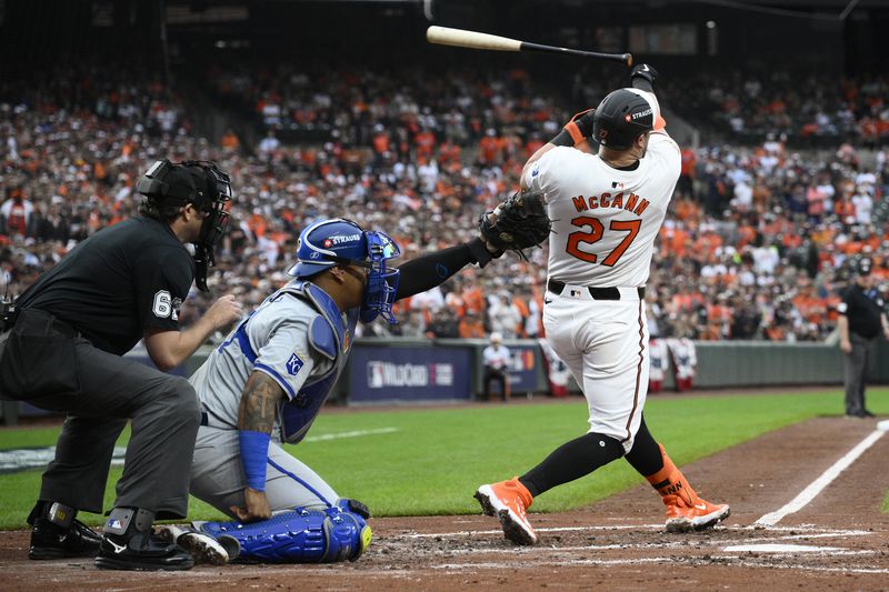 Baltimore Orioles' James McCann (27) loses his bat on a swing in the third inning during Game 1 of an AL Wild Card Series baseball game against the Kansas City Royals, as Royals catcher Salvador Perez, center, makes the catch Tuesday, Oct. 1, 2024, in Baltimore. (AP Photo/Nick Wass)