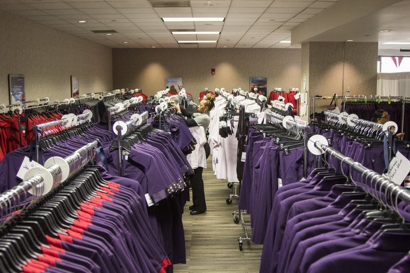 Several thousand items of clothing for Delta Airlines new uniforms line a backroom are shown during the uniform fitting for Delta employees at Hartsfield-Jackson Atlanta International Airport in Atlanta, Georgia, on Wednesday, February 7, 2018. (REANN HUBER/REANN.HUBER@AJC.COM)