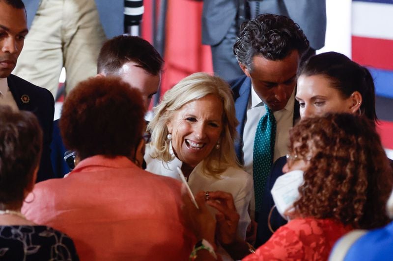 Jill Biden greets supporters after speaking at a campaign event held by Veterans and Military Families for Biden-Harris in Columbus on Monday, July 8, 2024. (Natrice Miller/ AJC)