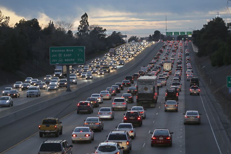 FILE - Evening rush hour traffic fills Highway 50, Jan. 26, 2017, in Sacramento, Calif. Traffic fatalities declined about 3% in the first quarter, according to preliminary data from the National Highway Traffic Safety Administration released Monday, June 24, 2024. (AP Photo/Rich Pedroncelli, File)