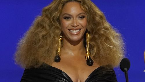 Beyoncé appears at the 63rd annual Grammy Awards in Los Angeles on March 14, 2021.  (AP Photo/Chris Pizzello, File)