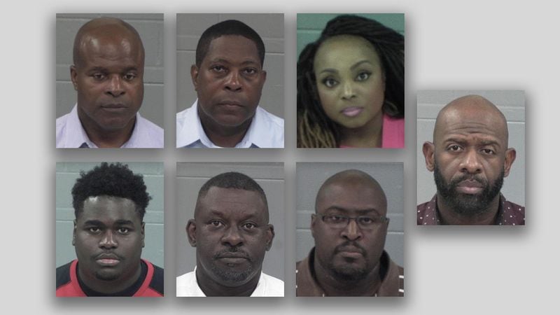Seven people have been charged so  in an investigation of  prostitution connected to three people who worked at Fort Valley State University. Clockwise from top left, mugshots of Kenneth Howard, Charles E. Jones, Alecia Johnson, Earnest Harvey, Ryan Jenkins, Arthur James Nance and Devonte Little. (Peach County Sheriff)