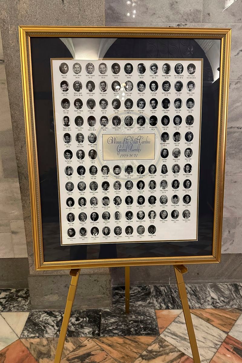 A poster with every woman who has served in the South Carolina General Assembly from its first meeting 250 years ago to 2021 is displayed outside the governor's office on Wednesday, June 26, 2024, in Columbia, S.C. The South Carolina Senate will likely have two women in its 46-member body next year after three Republican women were all voted out in their party's primary. (AP Photo/Jeffrey Collins)