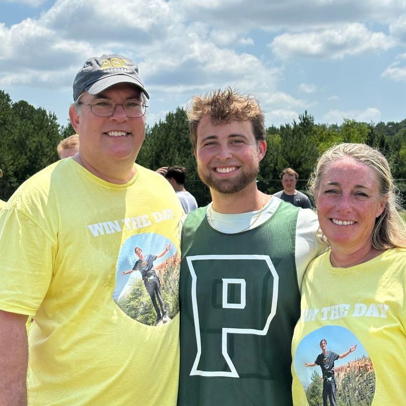 Zack Schramm, flanked by Shelby and Judy Richardson, honored the life of his friend and their son, Ethan, at a memorial lacrosse game on Aug. 10 at Burnt Hickory Park in Dallas.
Courtesy of Tara Schramm