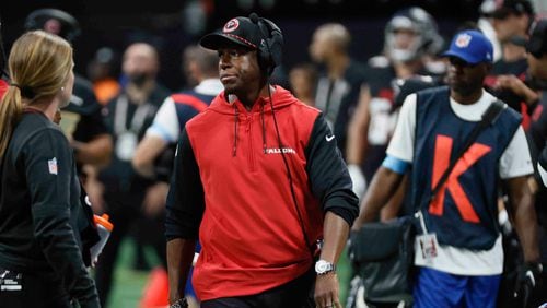 Atlanta Falcons head coach Raheem Morris looks at the field during the second half of an NFL football game against the Pittsburgh Steelers on Sunday, Sept. 8, at Mercedes-Benz Stadium in Atlanta. 
(Miguel Martinez/ AJC)