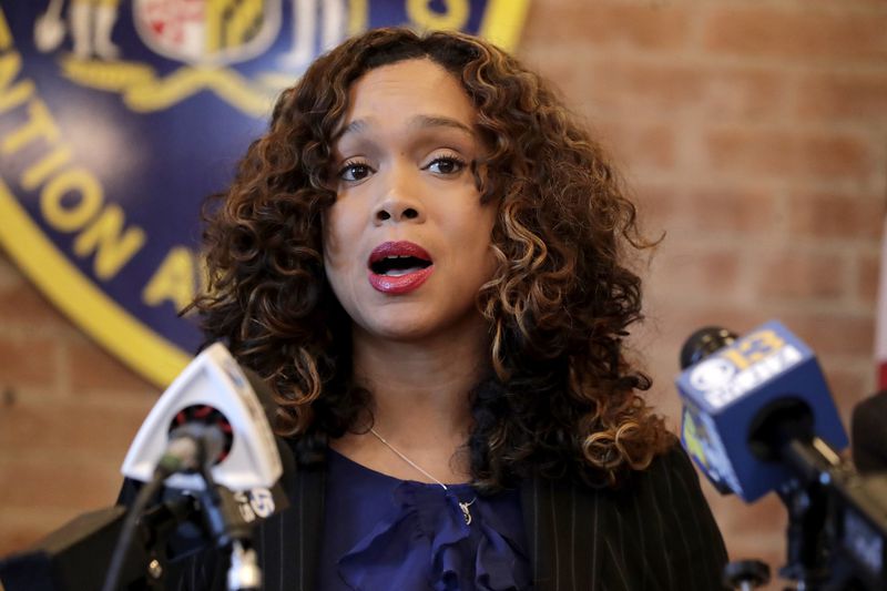 FILE - Maryland State Attorney Marilyn Mosby speaks during a news conference, Dec. 3, 2019, in Baltimore. Sentencing for the former Baltimore state's attorney is set to open Thursday, May 23, 2024, at a federal courthouse in Greenbelt, a Maryland suburb of the nation's capital. Mosby is to be sentenced for lying about her personal finances so she could improperly access retirement funds during the COVID-19 pandemic. (AP Photo/Julio Cortez, File)
