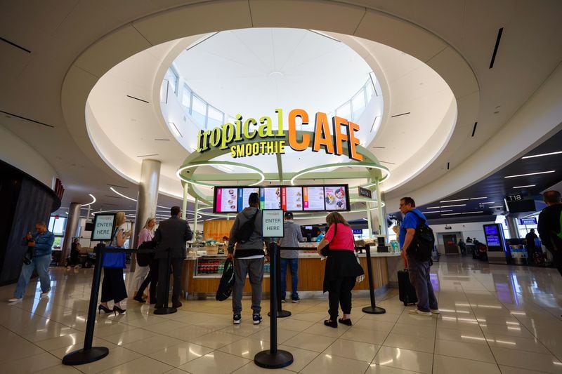 Tropical Smoothie Cafe from concessionaire Paradies Lagardère is a 2024 addition to food options in Concourse T. 
(Miguel Martinez / AJC)