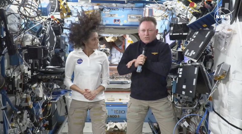 This image made from a NASA live stream shows NASA astronauts Suni Williams and Butch Wilmore during a press conference from the International Space Station on Friday, Sept. 13, 2024. (NASA via AP)