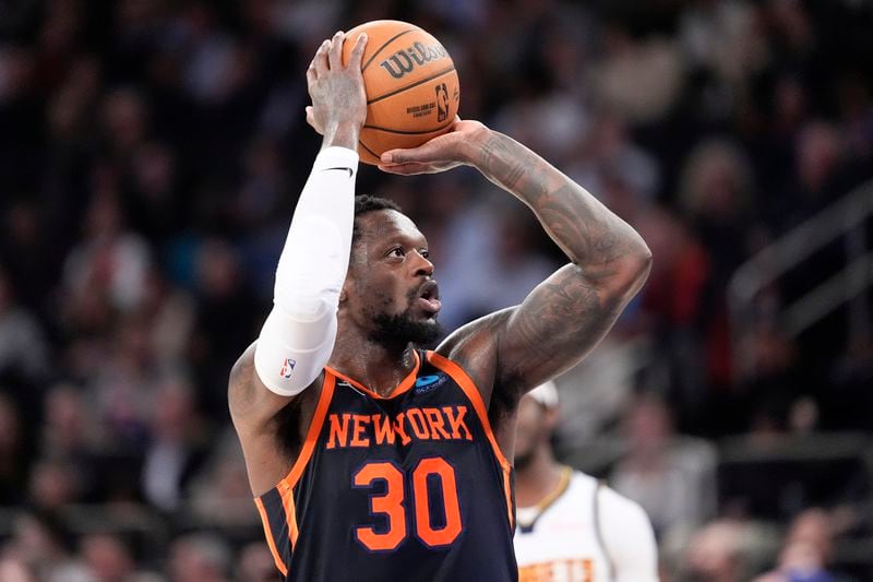 FILE - New York Knicks forward Julius Randle looks to shoot a free throw in the second half of an NBA basketball game against the Denver Nuggets, on Jan. 25, 2024, at Madison Square Garden in New York. (AP Photo/Mary Altaffer, File)