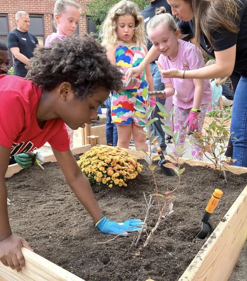 First graders at Virginia-Highland Elementary School plant carrot seeds as part of their new Project Learning Garden located in the school’s central courtyard.. (Photo Courtesy of Dyana Bagby)