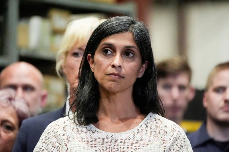 FILE - Usha Vance, wife of Republican vice presidential nominee Sen. JD Vance, R-Ohio, listens as he speaks at a campaign event, Aug. 7, 2024, in Eau Claire, Wis. (AP Photo/Alex Brandon, File)