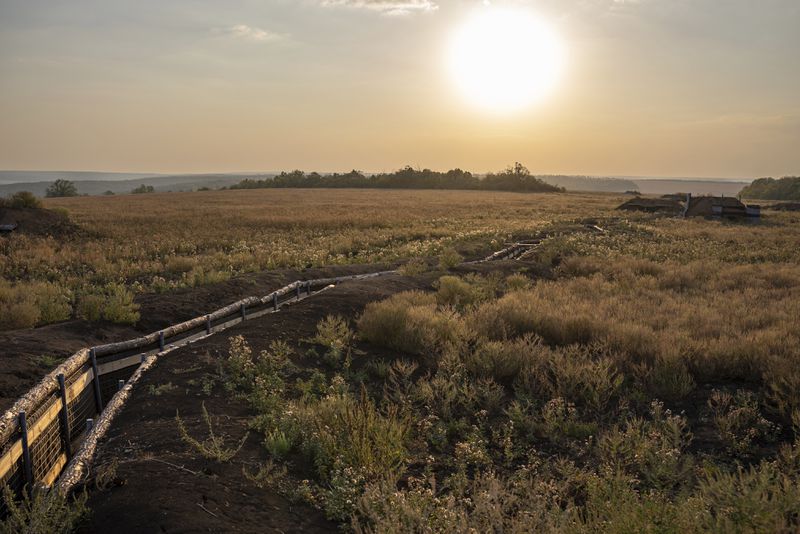 Recently built fortifications are seen in Donetsk region, Ukraine, Friday, Sept. 20, 2024. (AP Photo/Alex Babenko)