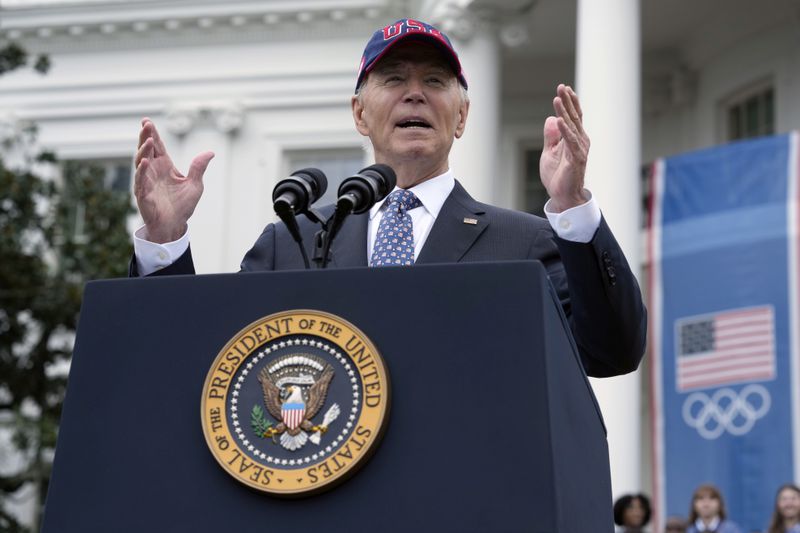 President Joe Biden delivers remarks at an event celebrating the 2024 U.S. Olympic and Paralympic teams on the South Lawn of the White House in Washington, Monday, Sept. 30, 2024. (AP Photo/Susan Walsh)