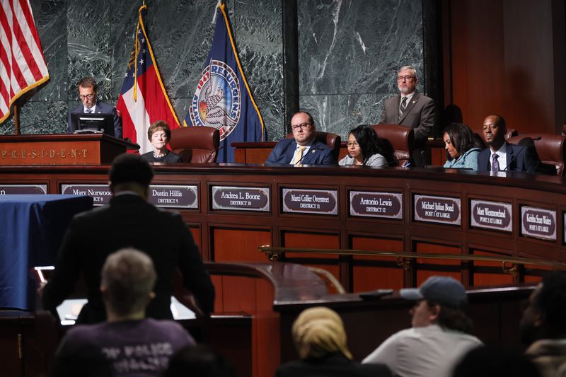 Council members pay attention to a member of the public as he speaks in opposition to the planned Police Training Center on Monday, June 5, 2023.
Miguel Martinez /miguel.martinezjimenez@ajc.com