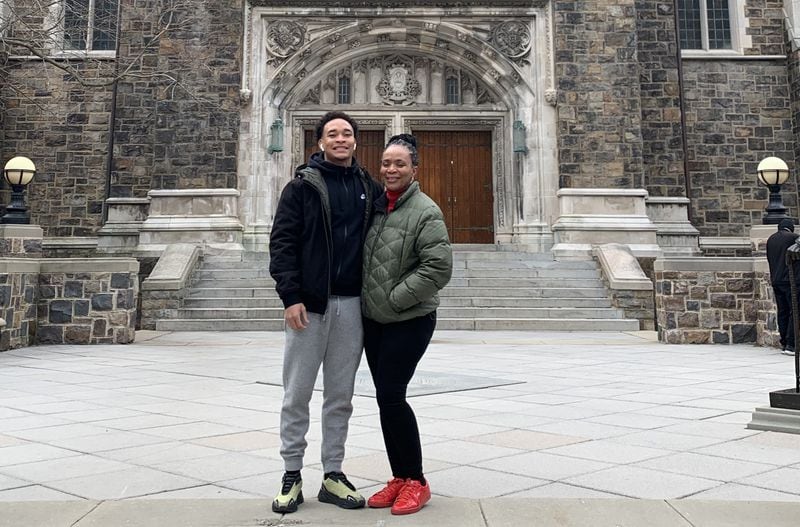 Josh Jones, 19, and his mother Afi Jones at Lehigh University in Pennsylvania. Josh is a freshman student athlete at Lehigh on a football scholarship. He also receives a Park Springs Foundation Scholarship that helps pay for his books and summer semester. Photo courtesy of Afi Jones