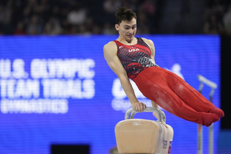 Stephen Nedoroscik competes on the pommel horse at the United States Gymnastics Olympic Trials on Saturday, June 29, 2024, in Minneapolis. (AP Photo/Charlie Riedel)