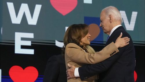 President Joe Biden embraces Democratic presidential nominee Vice President Kamala Harris during the first day of Democratic National Convention, Monday, Aug. 19, 2024, in Chicago. (AP Photo/Jacquelyn Martin)