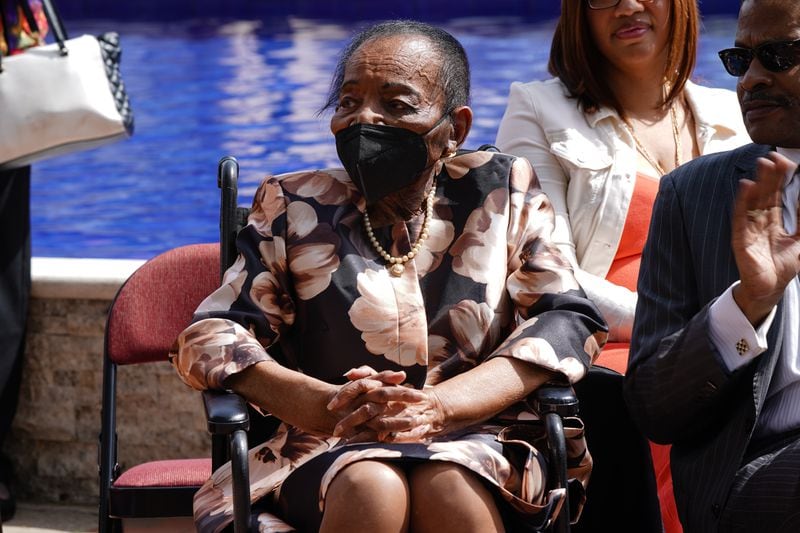 Christine King Farris, eldest sibling of the Rev. Martin Luther King Jr., is seen at a wreath laying ceremony at the King Center on the 54th anniversary of the assassination of Martin Luther King Jr., on Monday, April 4, 2022, in Atlanta. (Elijah Nouvelage for The Atlanta Journal-Constitution)