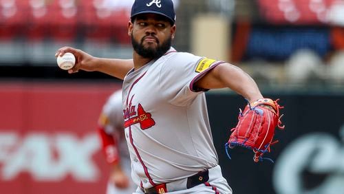 Atlanta Braves starting pitcher Reynaldo Lopez throws during the second inning in the first game of a baseball doubleheader against the St. Louis Cardinals, Wednesday, June 26, 2024, in St. Louis. (AP Photo/Scott Kane)