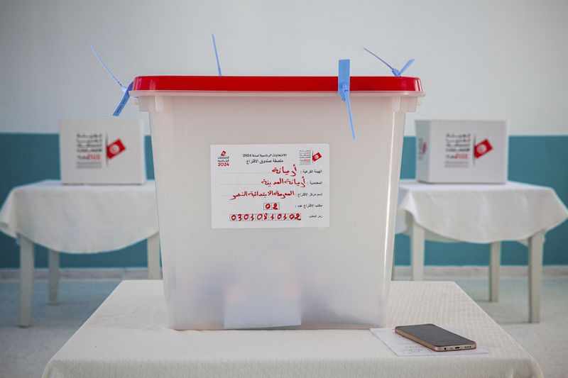 Ballot boxes inside a polling station during the presidential elections, in the capital Tunis, Tunisia, Sunday, Oct. 6, 2024 (AP Photo/Ons Abid)