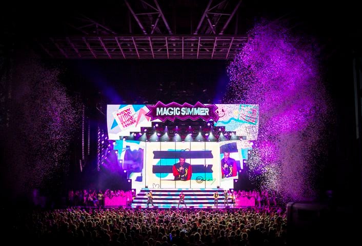 New Kids on the Block cranked out the hits to a packed house of neon clad fans at Ameris Bank Amphitheatre in Alpharetta on Friday, July 26, 2024. (RYAN FLEISHER FOR THE ATLANTA JOURNAL-CONSTITUTION)