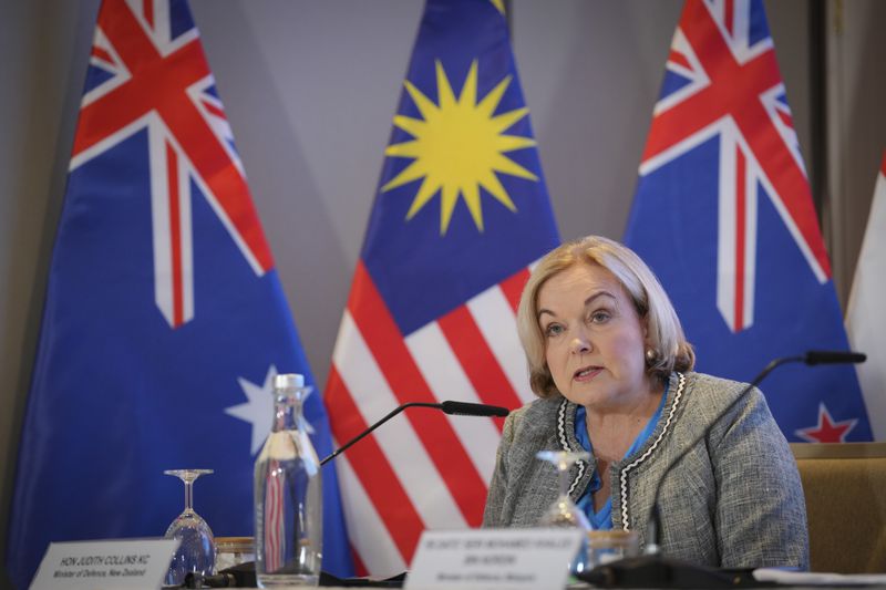 New Zealand’s Defence Minister Judith Collins, speaks during a press conference on the sidelines of the Shangri-la Dialogue for the Five Power Defence Arrangements (FPDA) Defence Ministers' Meeting [FDMM], in Singapore, Friday, May 31, 2024. (AP Photo/Vincent Thian)