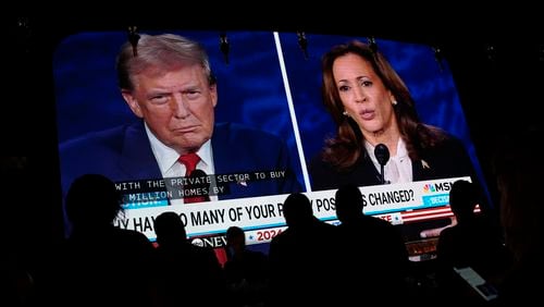 People watch the presidential debate between Republican presidential nominee former President Donald Trump and Democratic presidential nominee Vice President Kamala Harris on Tuesday, Sept. 10, 2024, at the Gipsy Las Vegas in Las Vegas. (John Locher/AP)